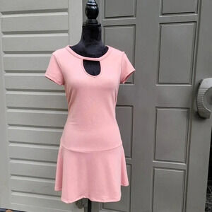 Soft Knit Short Sleeve Dress Keyhole Neckline Pink